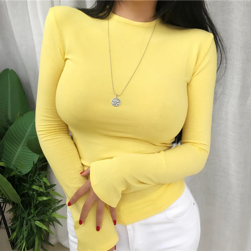 Elasticity Sexy T Shirt Women Korean Fashion Woman Basic Solid Clothes Slim Tshirt Female Casual Long Sleeve Tops 250821