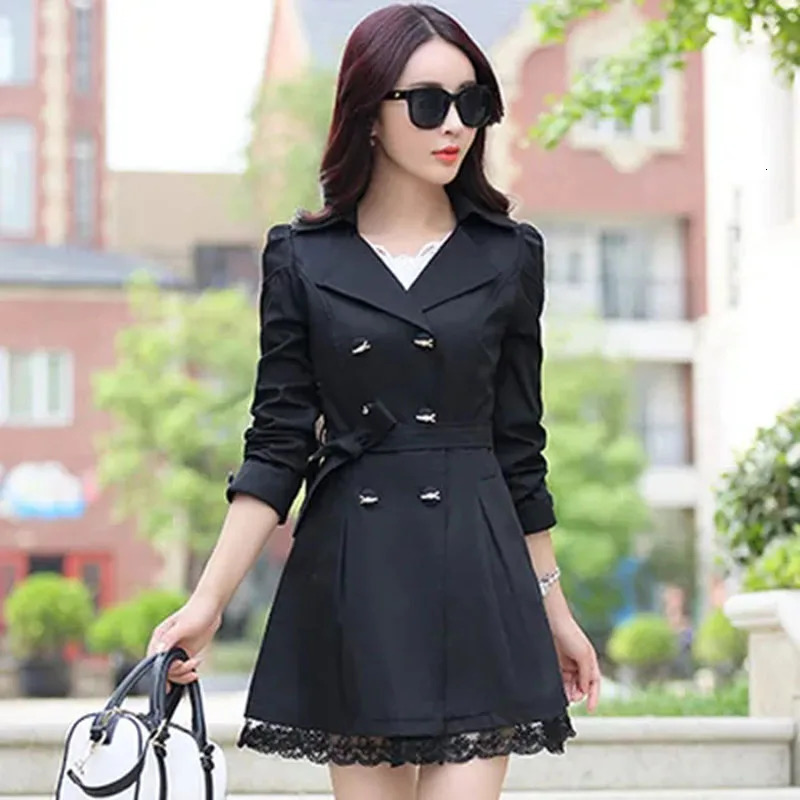 Spring Autumn Windbreaker Coat Women Fashion Slim Mid Long Lace Trench Female Casual Doublebreasted Outerwear Tops 250822
