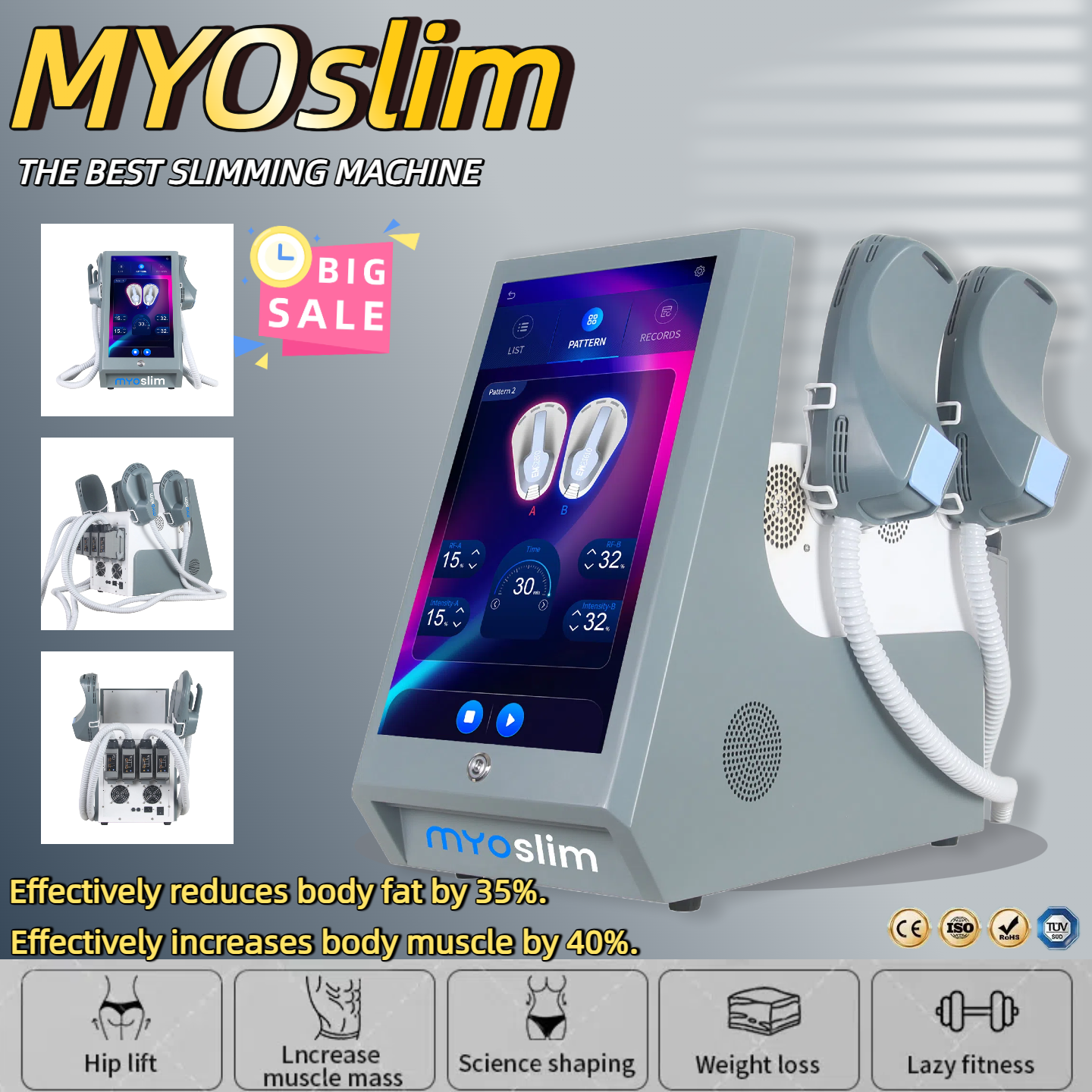 Hot MyoSlim Neo Slimming Fat Loss Electro Magnetic Stimulation Body Sculpting and Muscle Building Machine 200Hz 6500W 15Tesla 4 Handles RF Salon Machi