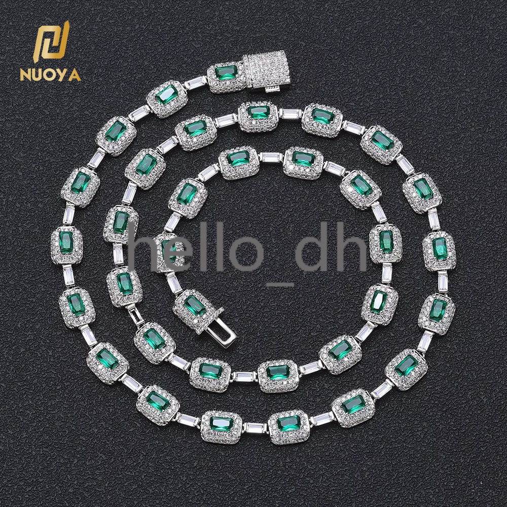 New Style Bling Baguette Diamond Link Chain Silver Plated Brass Micro Pave Emerald moissanite Chain Necklace for Women Jewelry