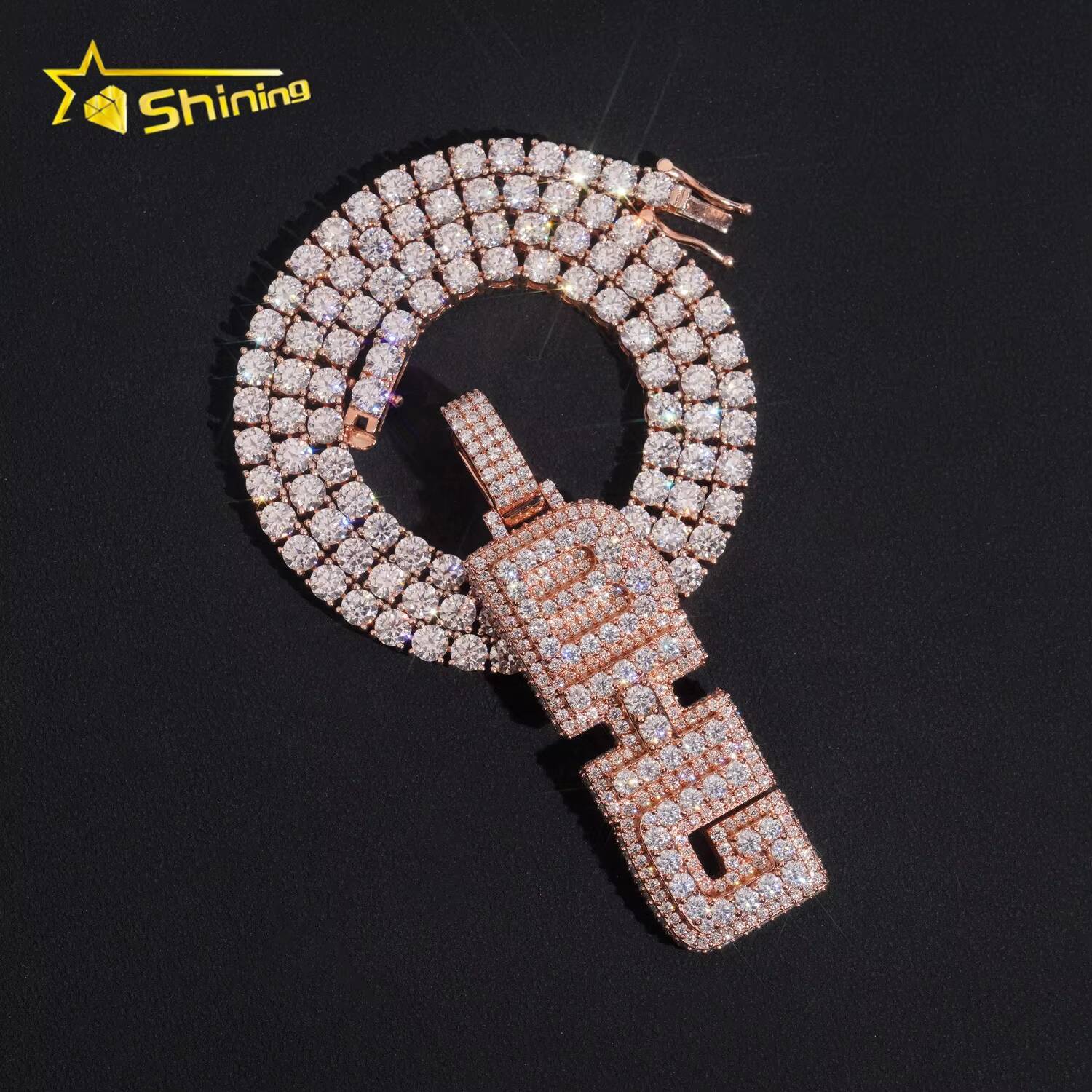 Moissanite Bling Jewelry 925 Sterling Silver Rose Gold Vertical Letter Hip Hop Custom Moissanite Pendant for Tennis Chain