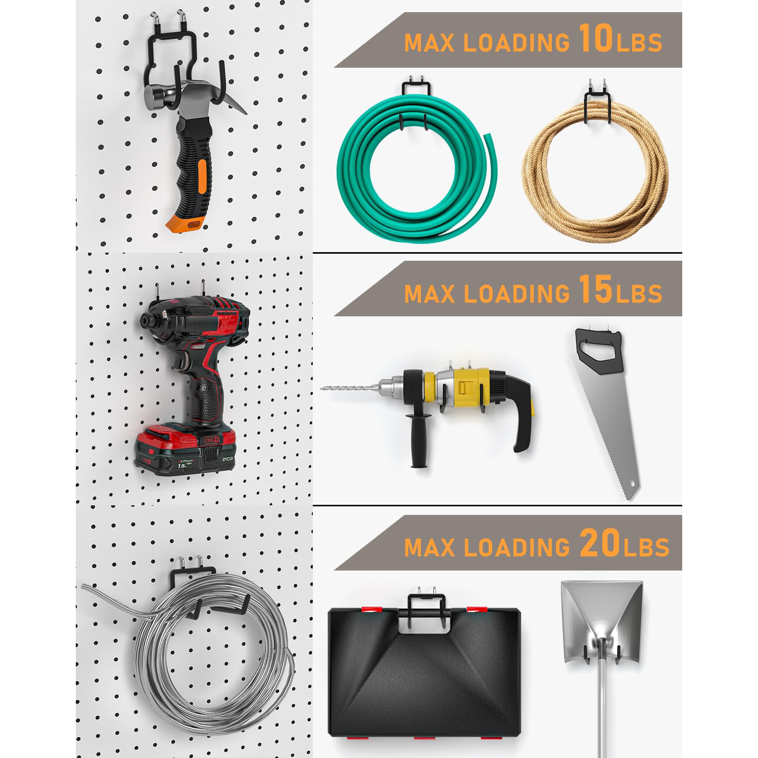 Perforated Board Garage Hooks for 1inch Pegboard Organize Tools Cables Chainsaw Hammer Power Drill Metal Double Hook Storage Solution