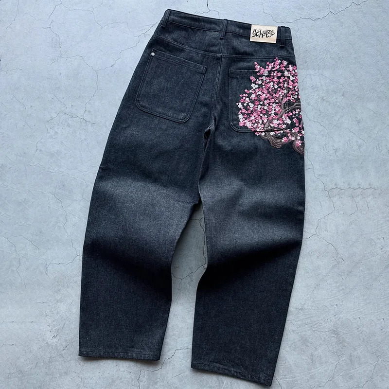 Y2K jeans Harajuku Gothic vintage plum blossom embroidery pattern wide leg pants Streetwear Casual Hiphop American 250822