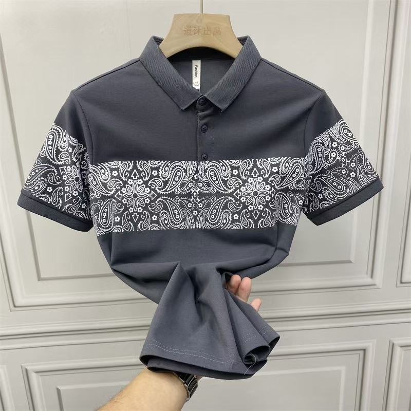 Summer contrast handsome cashew flower slim T-shirt men's new fashion brand stitching short-sleeved polo shirt men's shirt T-shirt