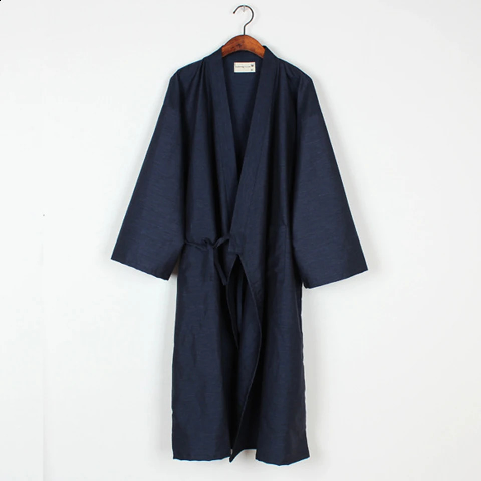Fashion Japanese Style Kimono Robe Solid Color Lace Up Long Bathrobe Pajamas Belt Cotton Home Pijama Robes Clothing For Men 250822