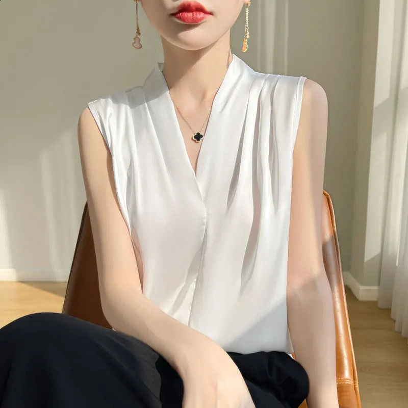 Womens Tops Blouses Solid Color White Satin Blouse Office Shirt Blusas Sleeveless Women Shirts Black White Female YTM A31250821