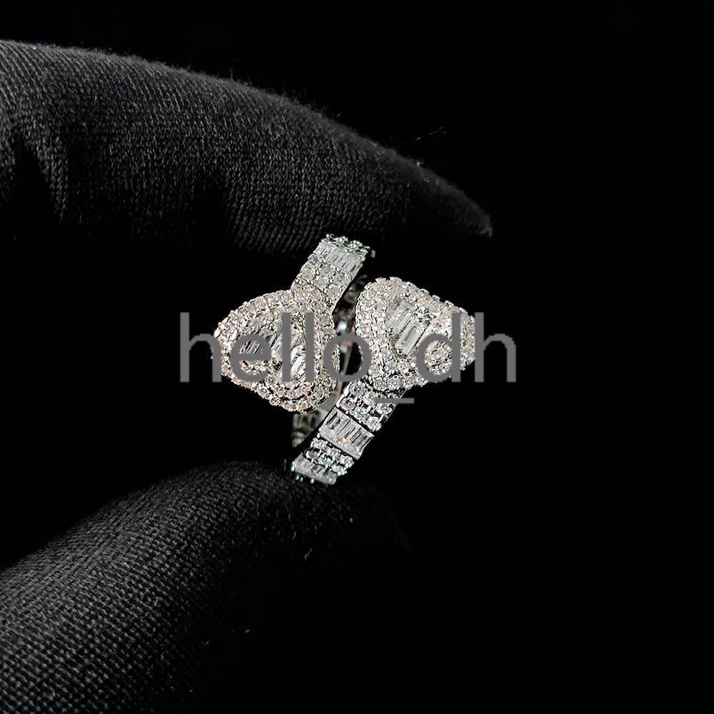 High Quality Iced Out Baguette moissanite Heart Shape Diamond Ring Double Heart Open Finger Ring