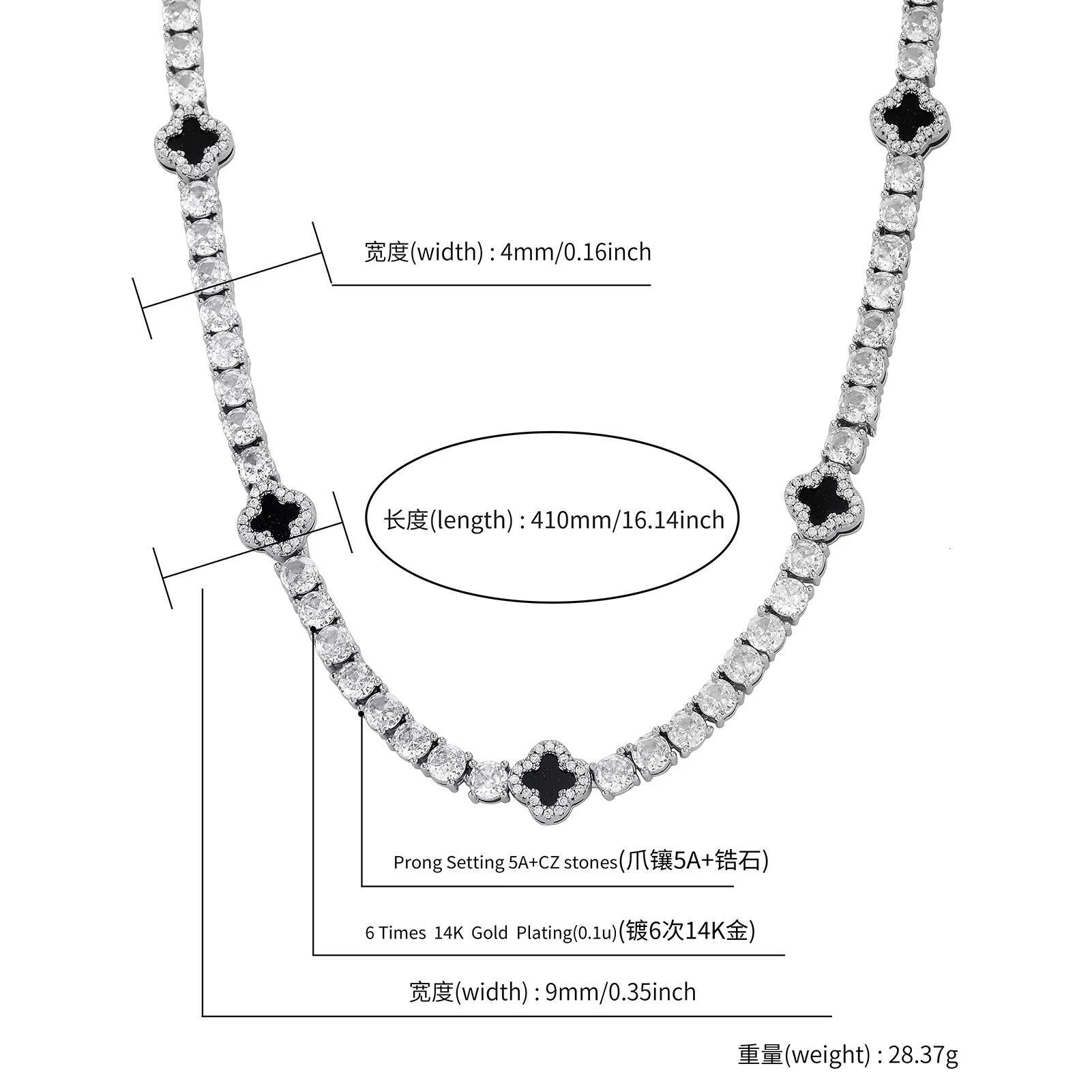 Black clover tennis necklace with moissanite; fashionable 925 silver jewelry for men and women