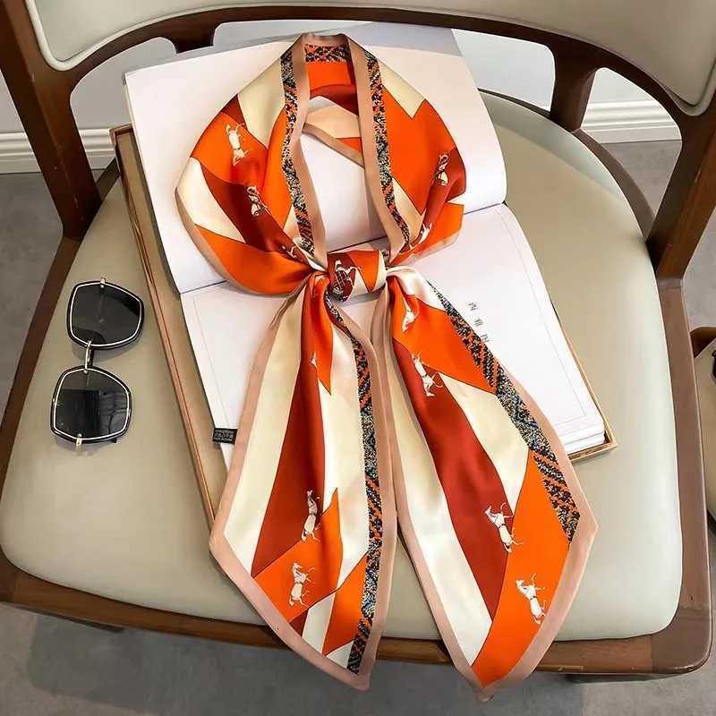 Luxury Design Long Silk Scarf Women Summer Fashion Bag Handle Ribbon Ladies Horse Print Headband Small Hair Scarves Female XJ250822