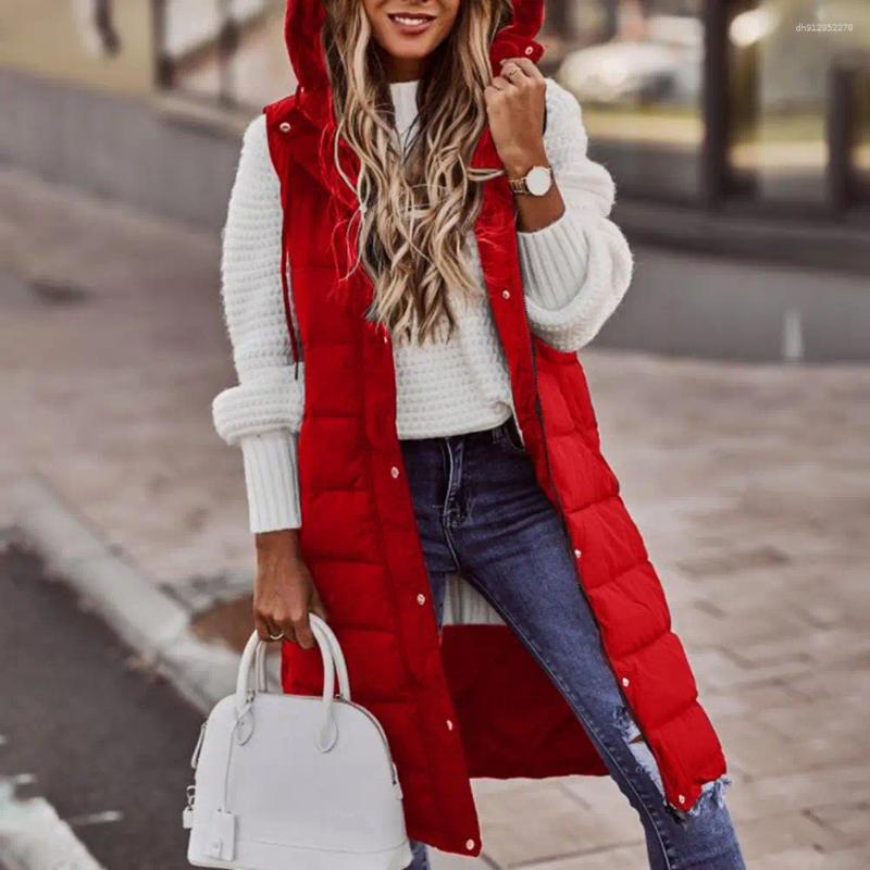 Women's Vests Women Winter Vest Coat Padded Solid Color Sleeveless Hooded Mid Length Slim Fit Zipper Hem Pockets Lady Long Waistcoat