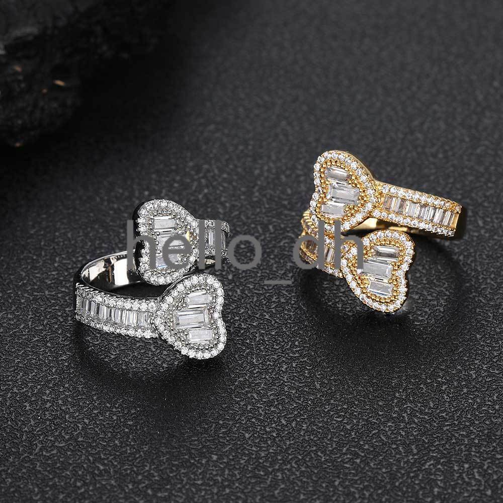 High Quality Iced Out Baguette moissanite Heart Shape Diamond Ring Double Heart Open Finger Ring