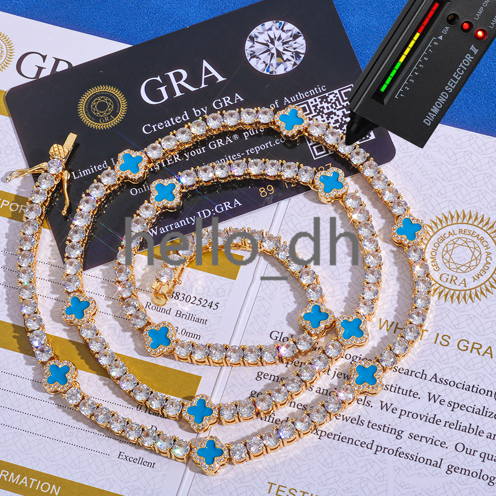 4mm Tennis Chain Necklace 925 Silver Iced Out VVS Moissanite Multicolor Clover Leaf Hip Hop Jewelry