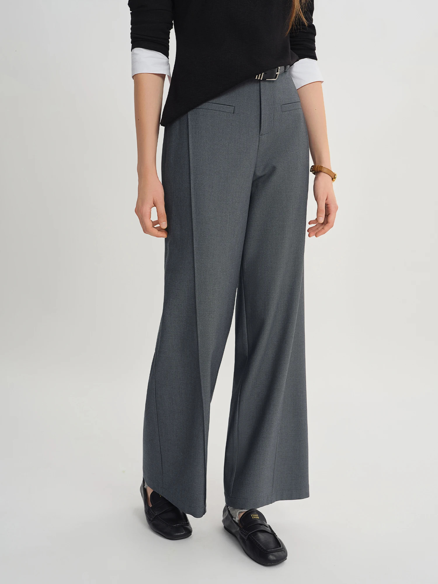 DUSHU Autumn Womens Wide Leg Trousers Structural Seam Detail Horizontal Pocket Office Casual Pants with Relaxed Fit 250822
