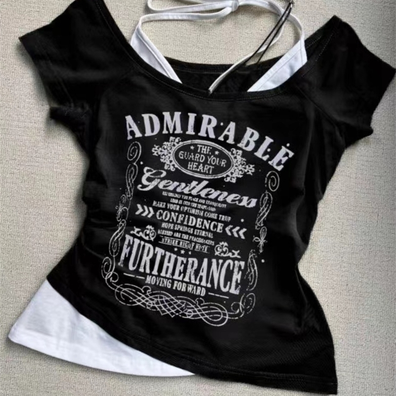 Y2K Retro Street Print T-shirt Fashion Streetwear Halter Neck Fake Two Piece Harajuku Summer Casual T-Shirt Women Clothes 250822