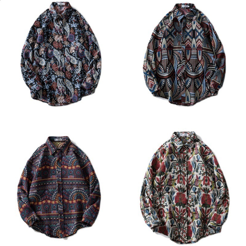 GONTHWID Knitted Shirt Harajuku Geometric Ethnic Style Flower Button Shirt Street Clothing Hip Hop Casual Long Sleeve Top Coat 240814