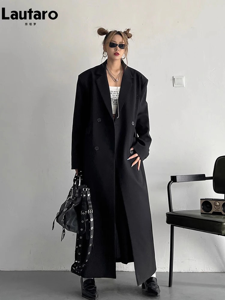 Lautaro Spring Autumn Long Grey Black Trench Coat for Women Double Breasted Loose Casual Korean Fashion Clothing Blazer 250822