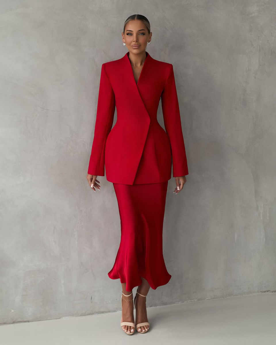 Red Wedding Women Blazer Dress 2 Pieces Sexy V Neck Jacket Skirts Coat Formal Office Lady Guest Prom Customized