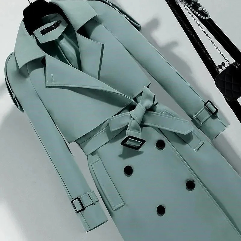 Women Long Trench Coat Fashion Windproof Double Breasted Coats Green Belt Windbreaker Spring Autumn Female Outerwear 250822