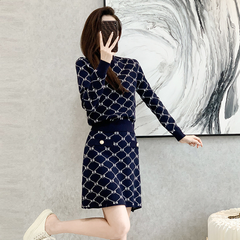 Lanjia- Style Fashion Casual Suit For Women 2025 Autumn Winter Jacquard Sweater Knitted Two-Piece Set Skirt Trendy E8163
