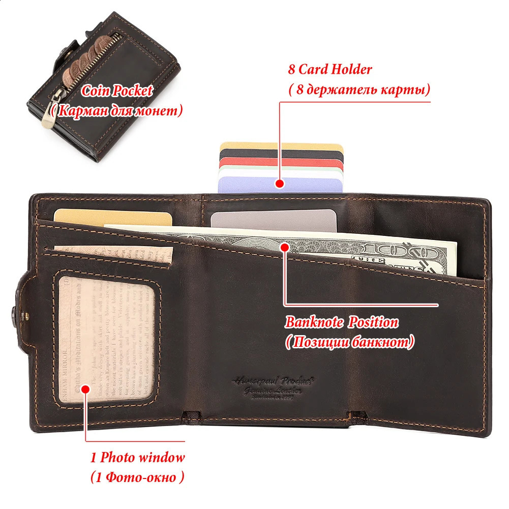HUMERPAUL Men Card Holder with Money Pocket Crazy Horse Leather Pop Up Minimalist Wallet RFID Blocking Slim Metal Bank Card Case 251023