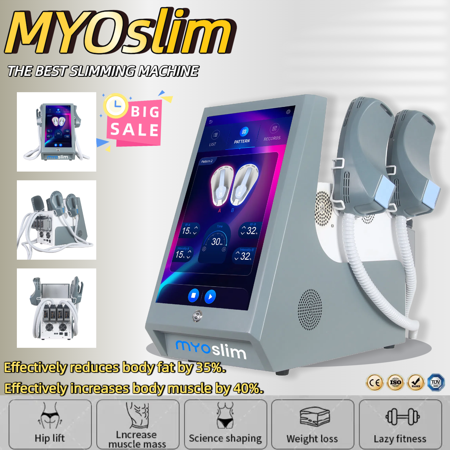 MyoSlim Neo Slimming Fat Loss Electro Magnetic Stimulation Body Sculpting and Muscle Building Machine 200Hz 6500W 4 Handles RF Salon Machine CE/ROHS