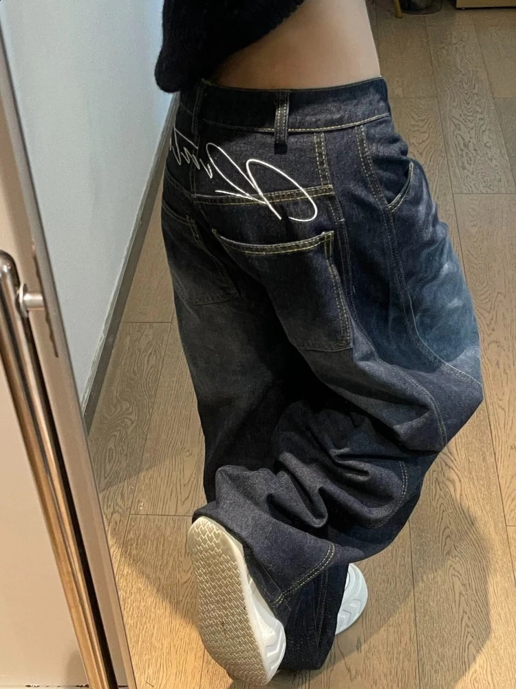 HOUZHOU Vintage Gothic Jeans Women Y2k Harajuku Oversized Letter Wide Leg Denim Trousers Grunge Hip Hop Punk Baggy Street 250911