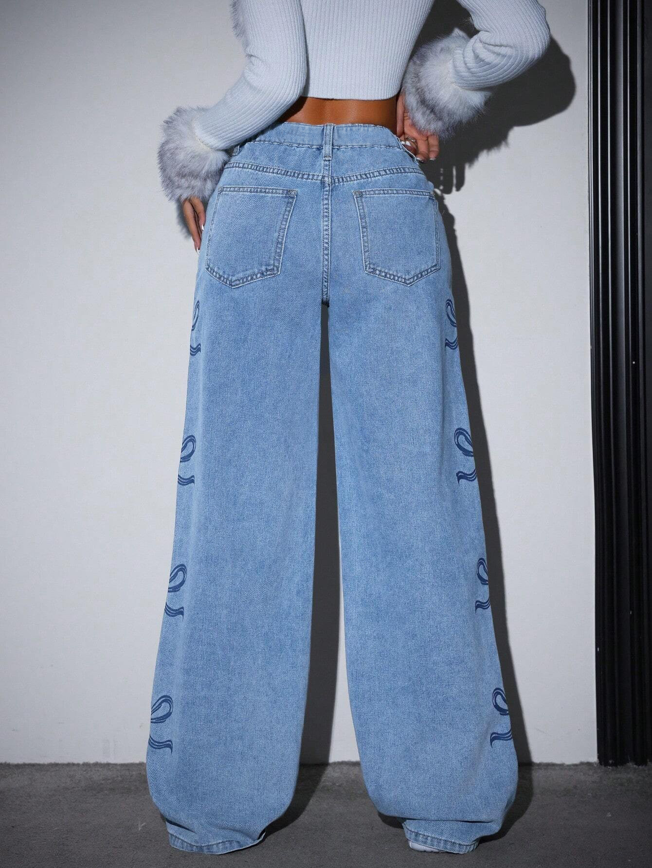 Rockmore Fashion All-match Printed Jeans Y2k Aesthetic Denim Long Trousers Vintage High Street Loose Hip Hop Wide-leg Pants 240806