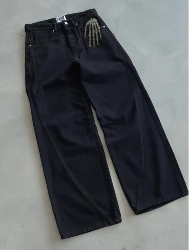 Black embroidered skull jeans y2k hiphop goth fashion trend high waist straightleg casual 2025 250821