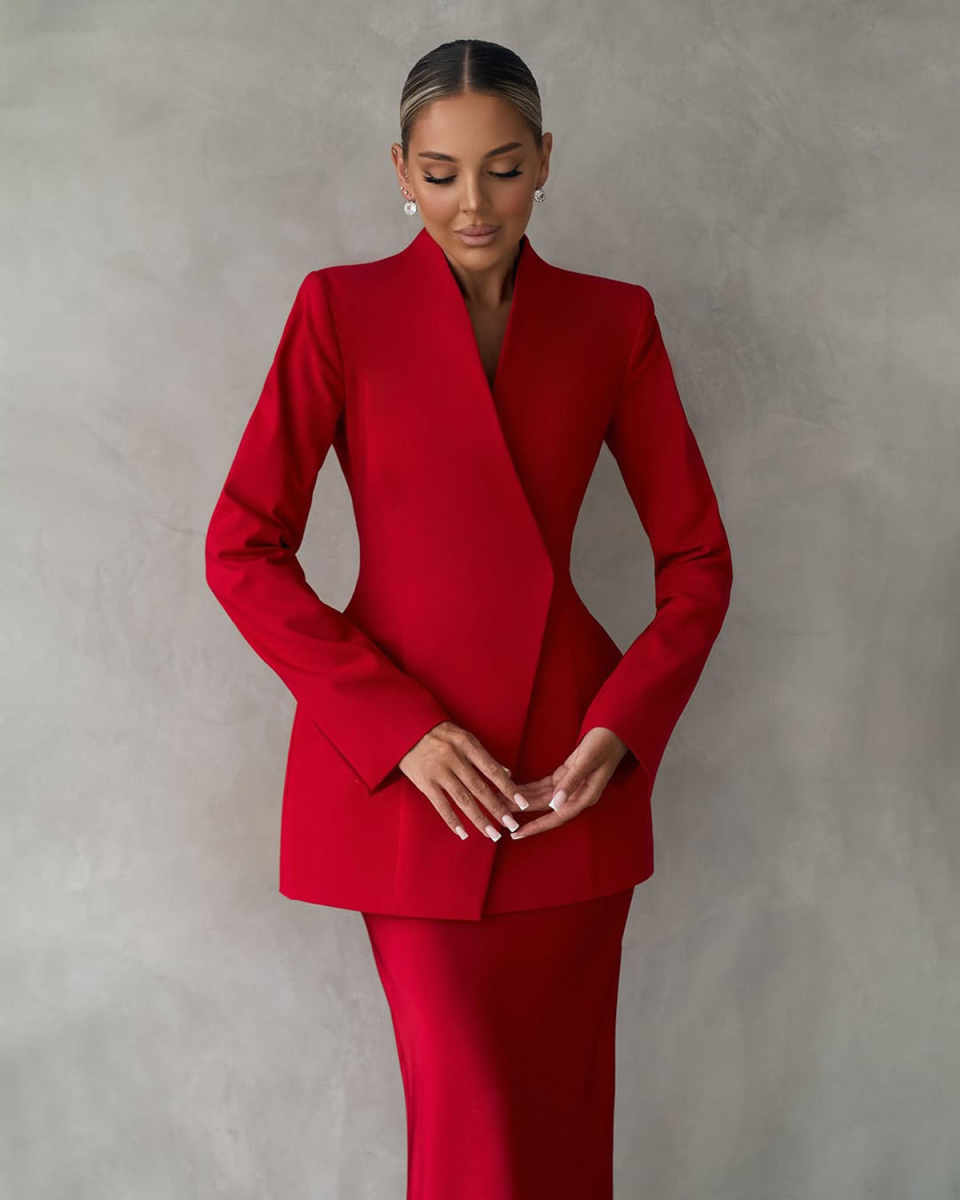 Red Wedding Women Blazer Dress 2 Pieces Sexy V Neck Jacket Skirts Coat Formal Office Lady Guest Prom Customized