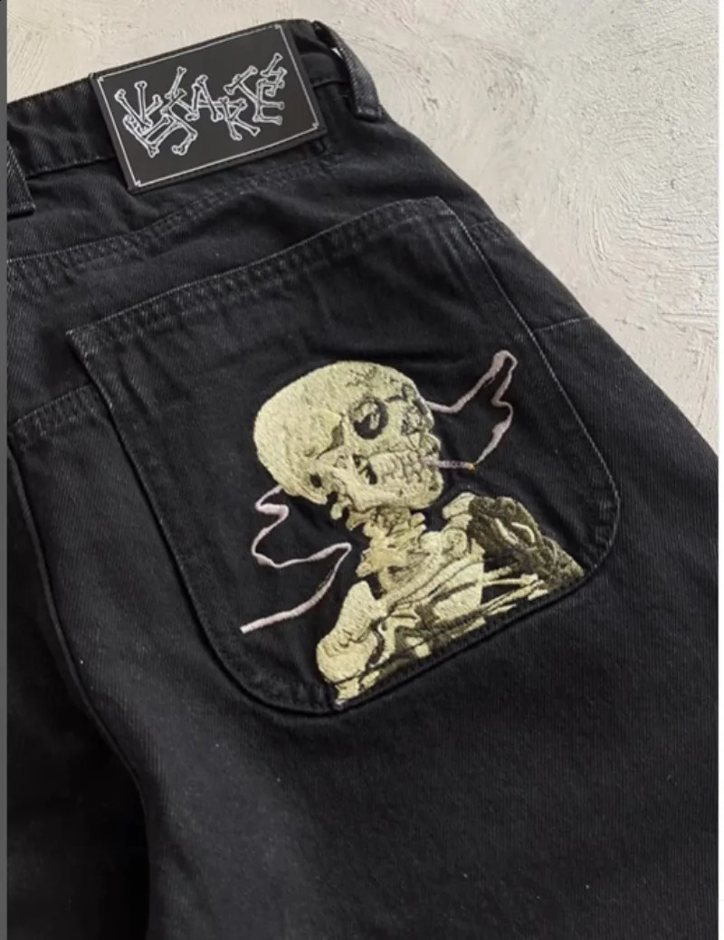 Black embroidered skull jeans y2k hiphop goth fashion trend high waist straightleg casual 2025 250821
