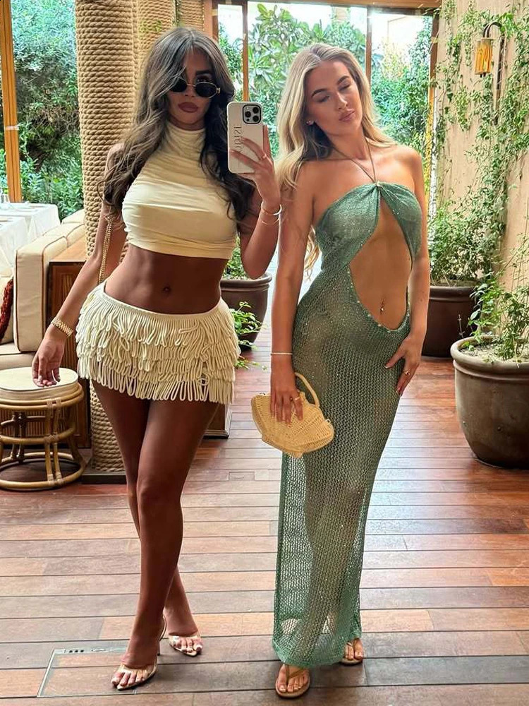 Beyprern Elegant Solid Turtleneck Knit Crop Top And Fringed Skirt Suits 2 Piece Holiday Outfits Womens Crochet Two-Piece Set 250823