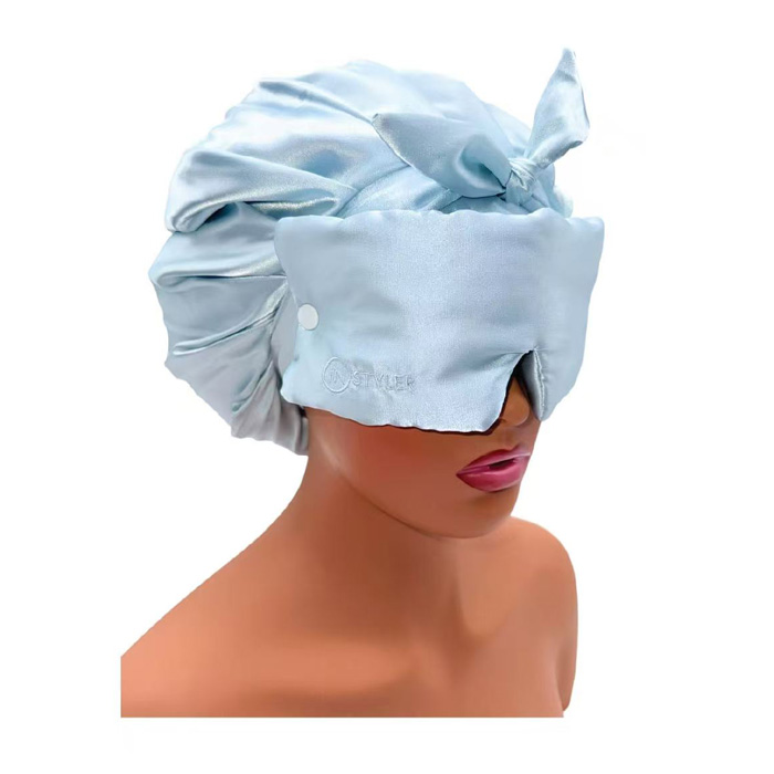 Satin Sleep Bonnet with Removable Snap-On Sleep Mask - Soft Night Hair Cover & Eye Mask Set