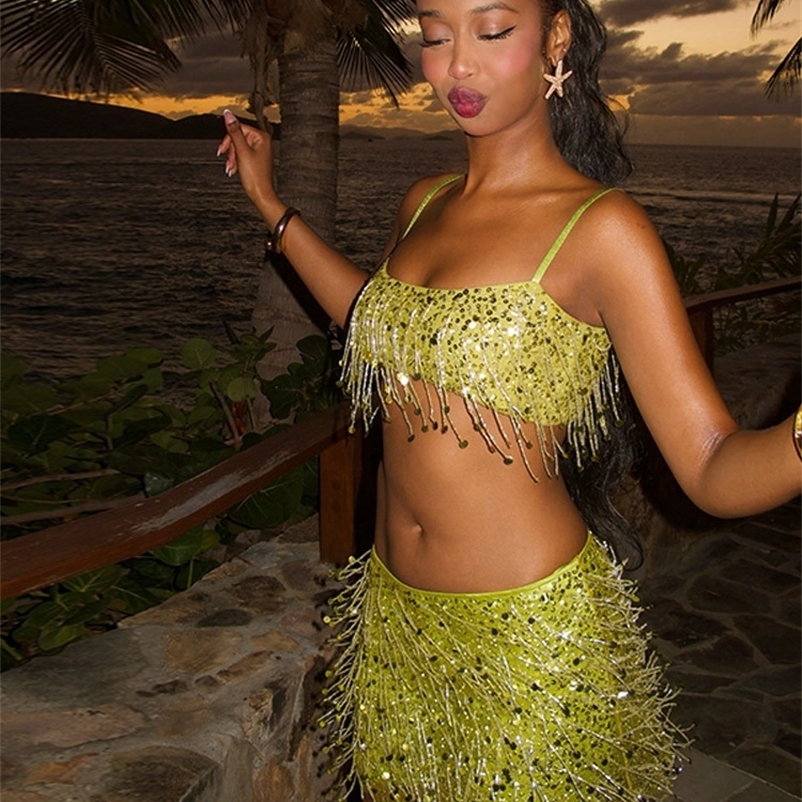 Tassel Sequined Short Tops Skirts Sets Women Green Sling Crop Vest Glitters High Waist Mini Skirt Sexy Club Lady 2 Pieces Set 250823