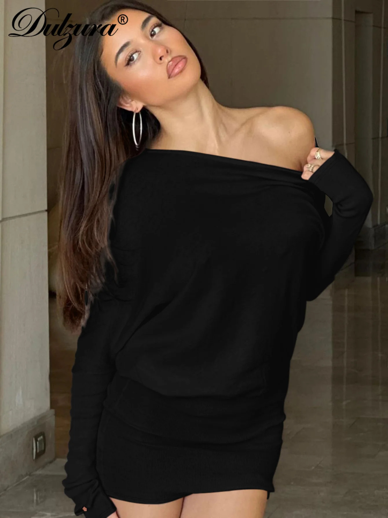 Dulzura Sexy Long Sleeve Mini Dress Oblique Shoulder Solid Simple Dresses Party Club Birthday Vacation Date Y2K Women Clothes 250822
