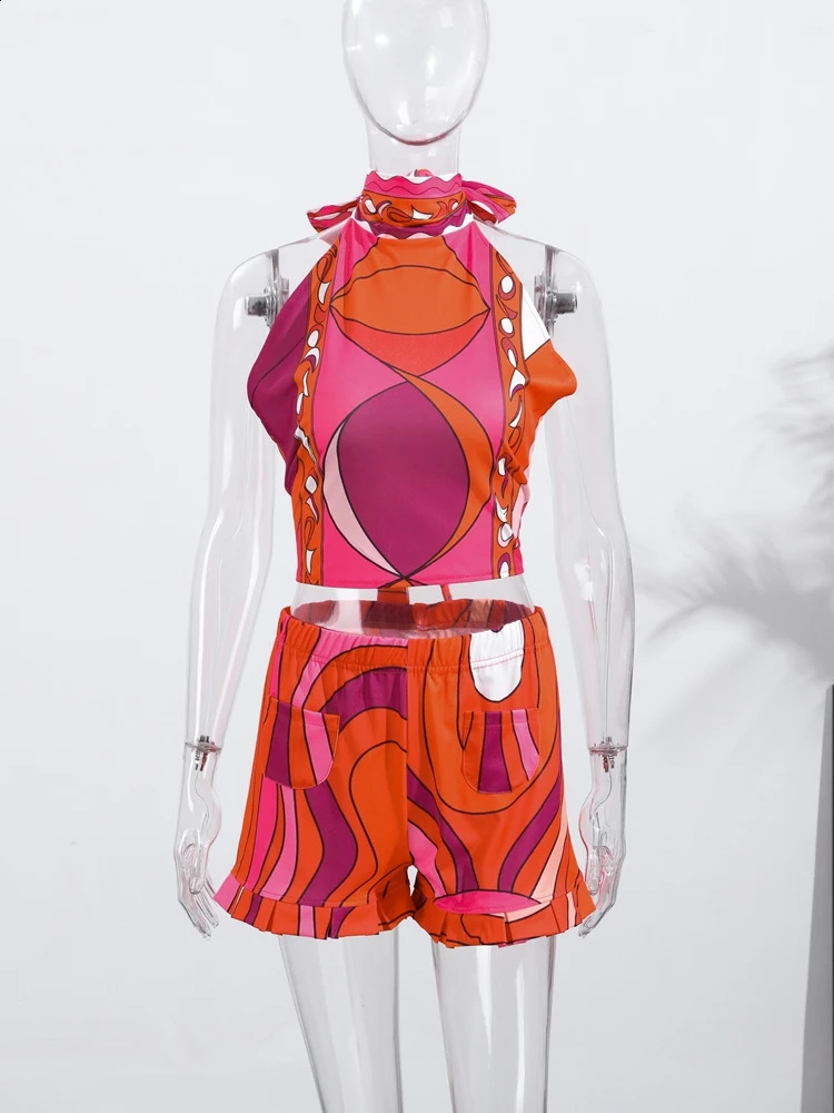 Print Irregular Womens Short Skirt Suits Halter Lace Up Backless Sleeveless Tank Top High Waist Sets Summer Lady Beach Outfits 250823