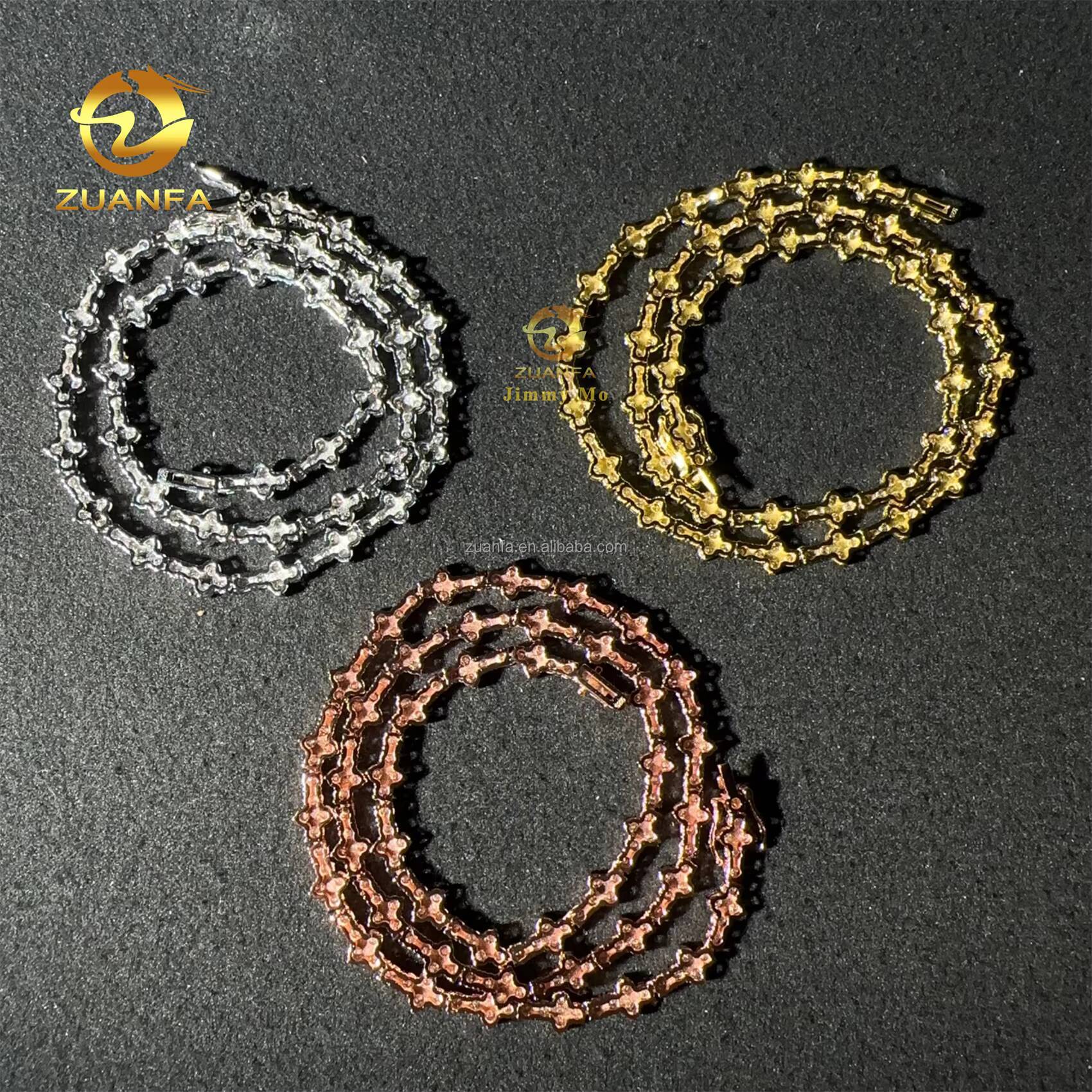 Solid Silver Gold Plated Hip Hop Jewelry D VVS Moissanite Diamond Cross Cluster Tennis Chain