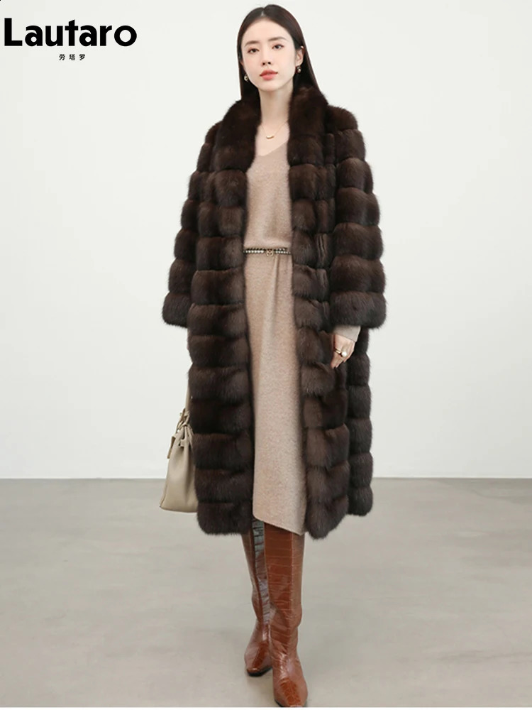Lautaro Autumn Winter Elegant Chic Long Thick Warm Faux Sable Fur Coat Women Shawl Collar High Quality Fluffy Overcoat 250823