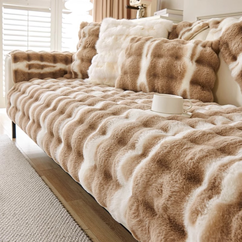 Camellia Rabbit Fur Gradient Color Covers For Sofa, aux Fur Cover, Luxury Soft Faux Fur Fleece Sofa Cover Cover,Non-Slip Cover Protector
