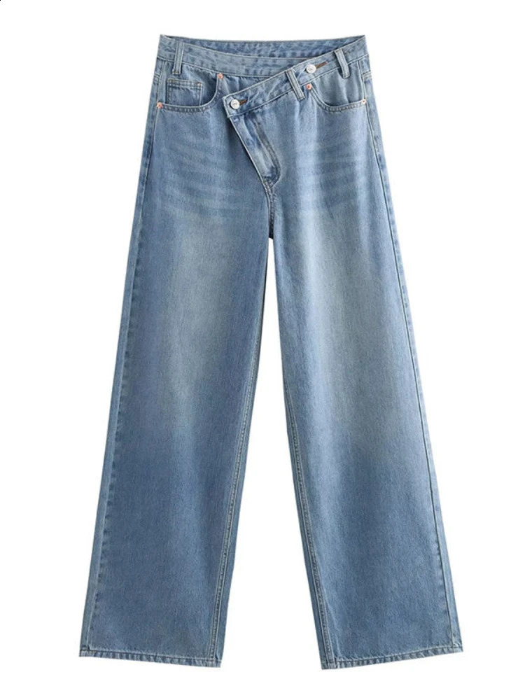 HOUZHOU Women Wide Leg Jeans Vintage Irregular Washed Denim Trousers Aesthetic Baggy Straight Asymmetrical High Waist Z260313