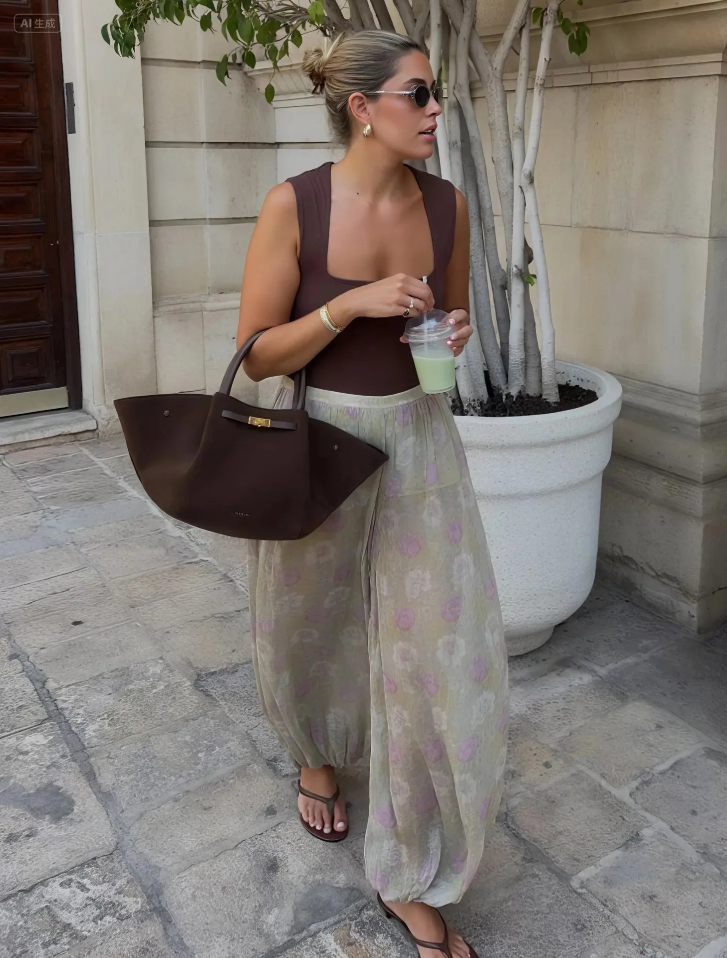 Women Floral Print See Though Wide Leg Trousers Summer Casual Pleated Loose Bloomers Female Holiday Beach Long Pants Z260314