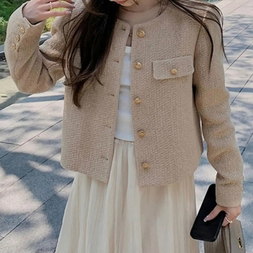 Round Neck Jacket Stylish Singlebreasted Womens Coat for Fall Spring Long Sleeves Cardigan in Solid Color Loose Fit Dating 250822