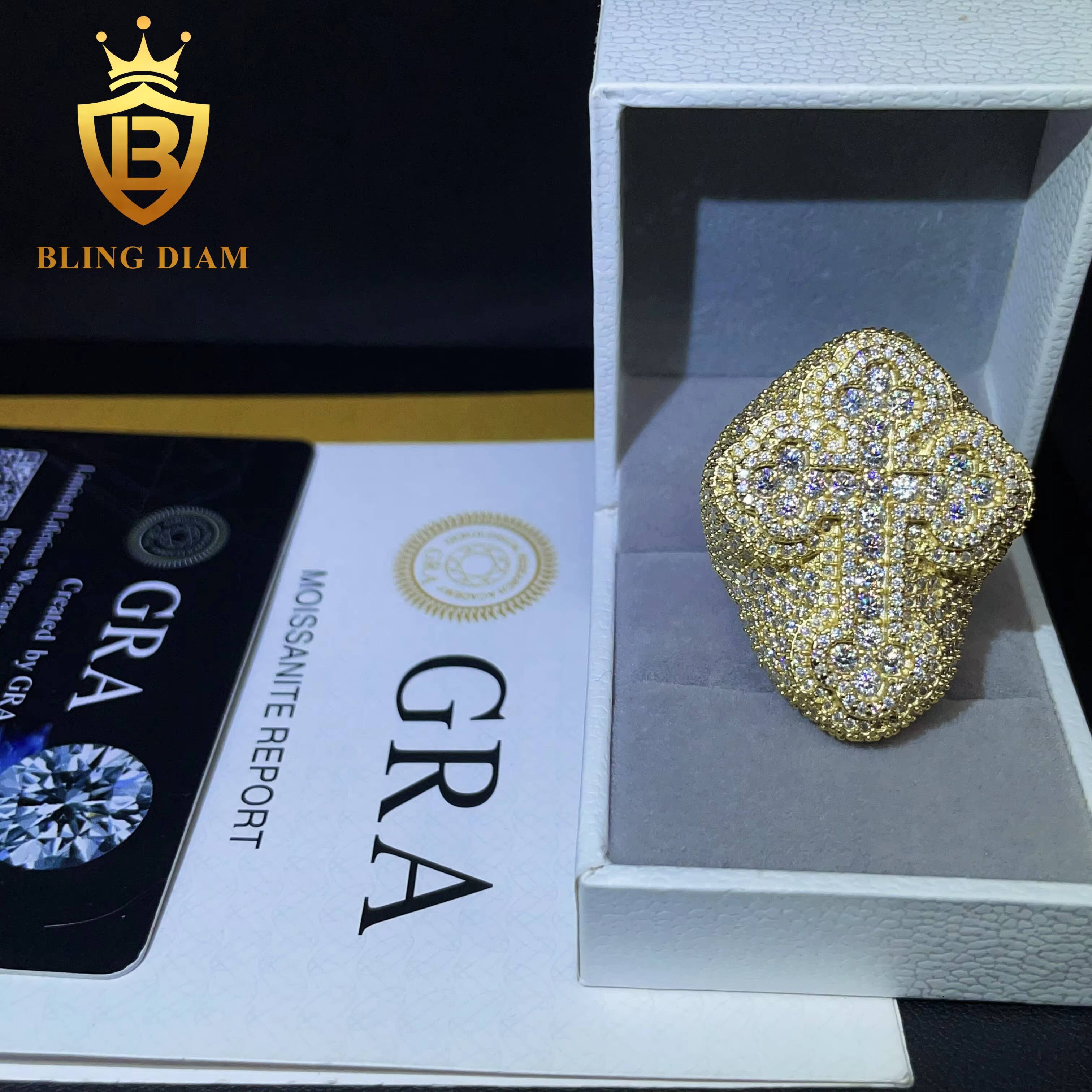 Fine Jewelry 925 Sterling Silver Gold Plated Iced Out VVS Diamond Cross Moissanite Hip Hop Ring for Men