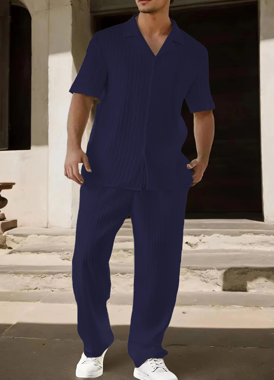 S3XL 4color summer casual fashion plain striped suit for men style complete shortsleeved trousers 250823