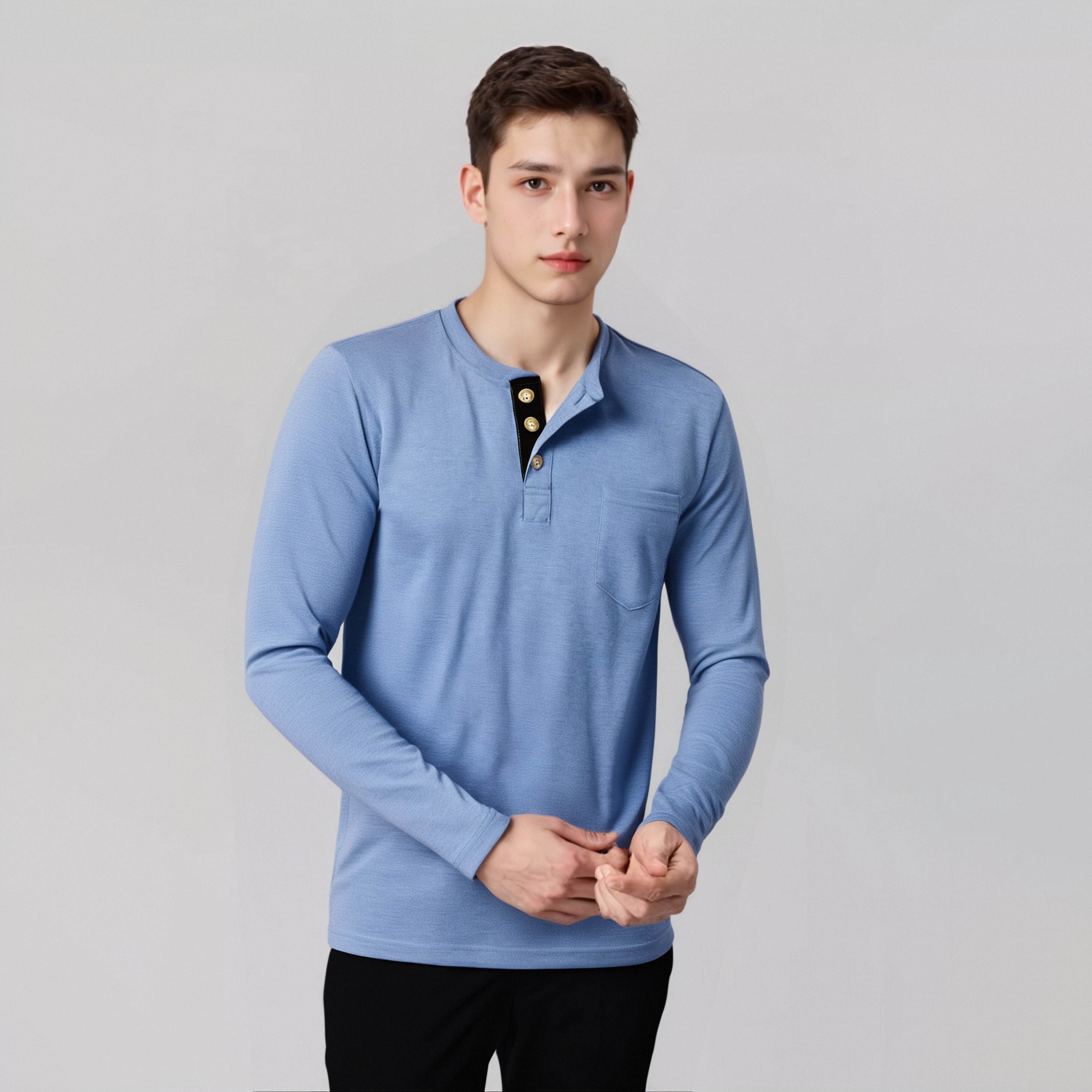 Men's Henley Long Sleeve Shirt, Light Brown Casual Cotton Tee with Chest Pocket