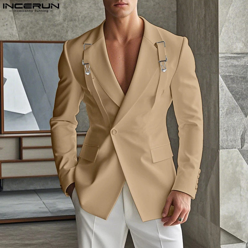 INCERUN Tops 2025 American Style Fashion Men Deconstruct Metal Buckle Suit Coat Casual Streetwear Male Solid Long Sleeved Blazer 250823