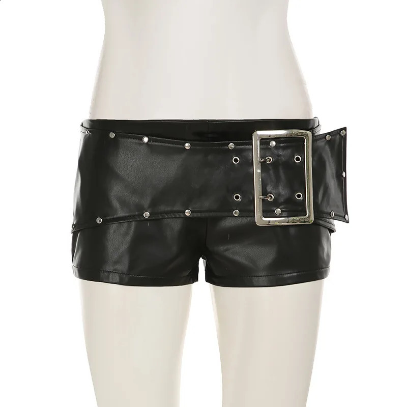 Sexy Rivet Buckle Belt Low Waist Leather Shorts for Women Y2k Spice Girl Punk Style Autumn 2025 250823