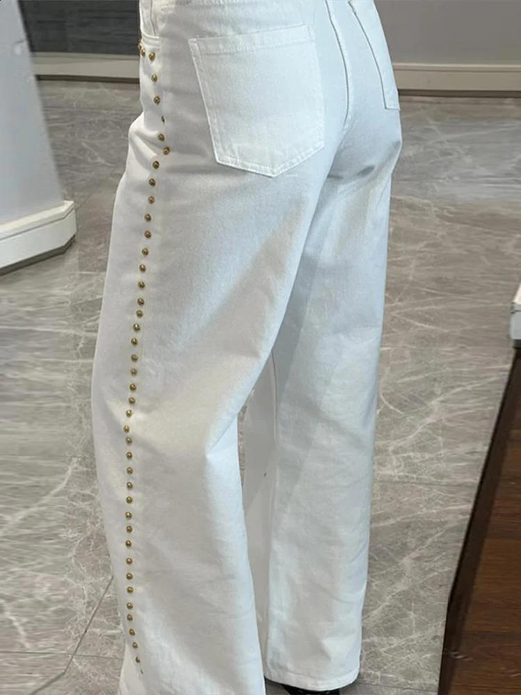 Trendy Womens White Denim Jeans High Waist Straight Leg Baggy Pant With Gold Bead Studs Female Casual Chic Streetwear Trousers Z260313