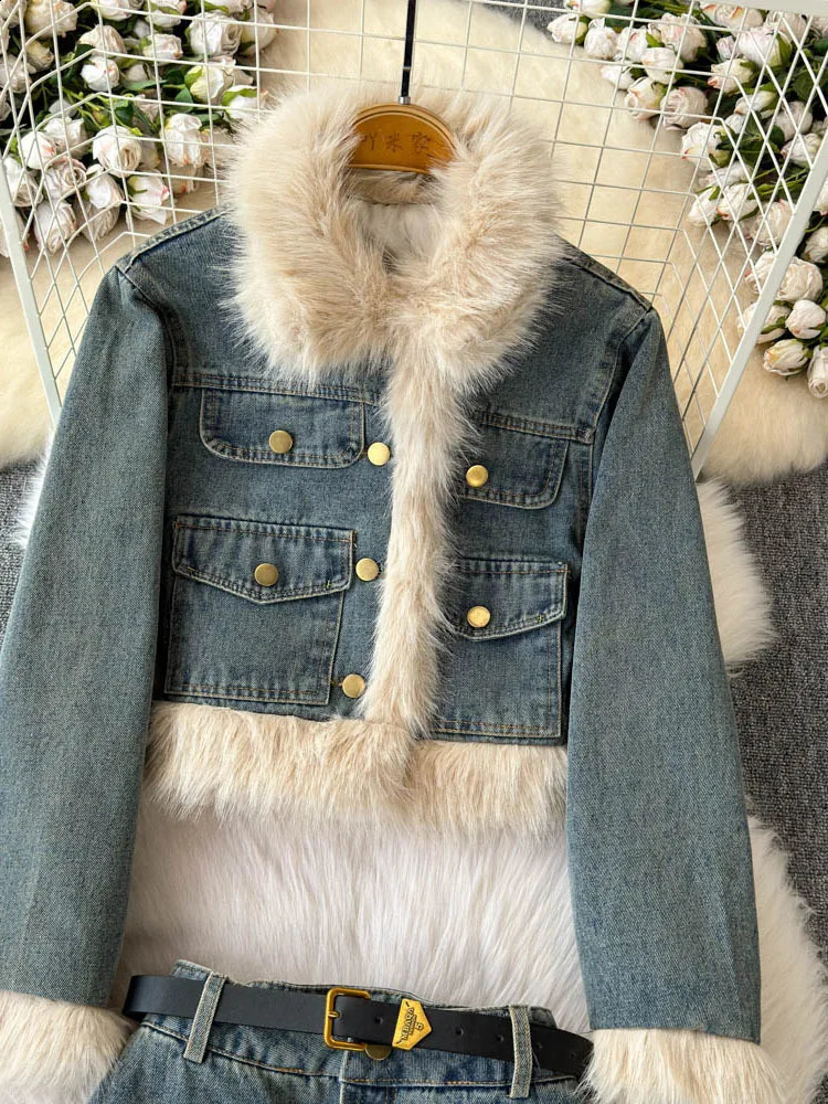 Denim Skirt Sets Women Fur Collar Vintage Jackets Cropped Coat Fashion Pockets Jean Skirt 2 Piece Sets Womens Outifits 250823