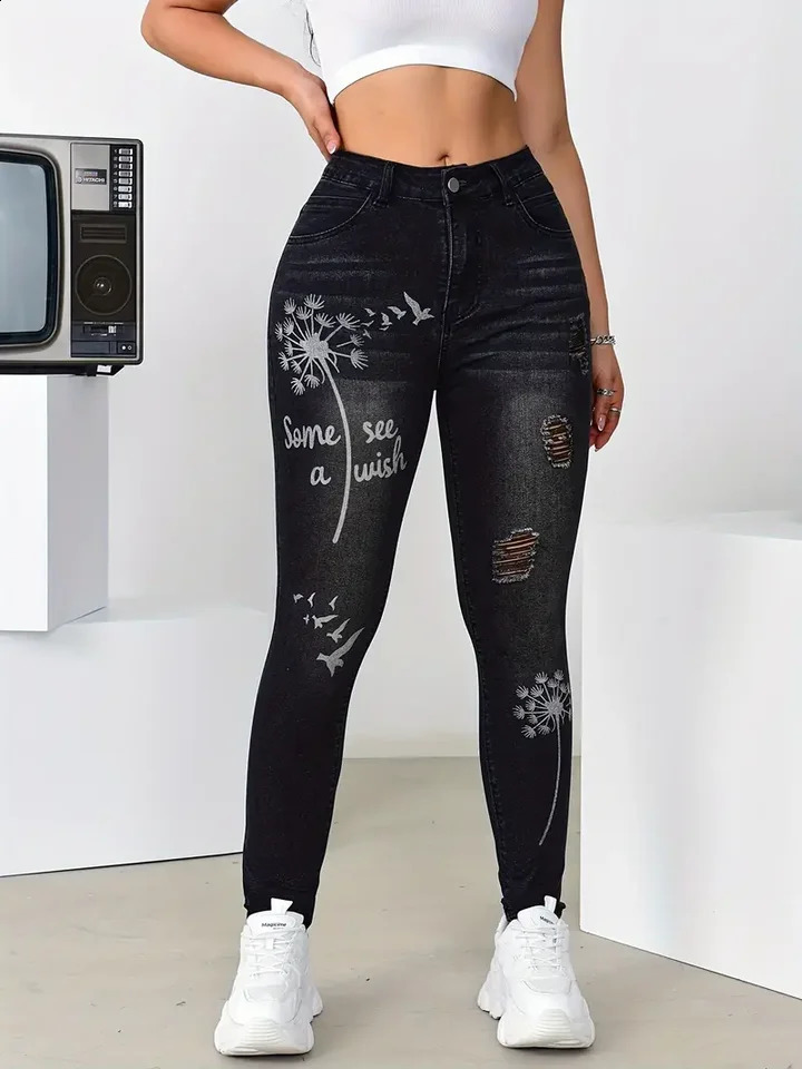 Womens High Waisted Stretch Trousers Slim Fit Jeans Print Flower Pattern Wide Leg Pants For Casual Fashion Outings Clothing Z260313