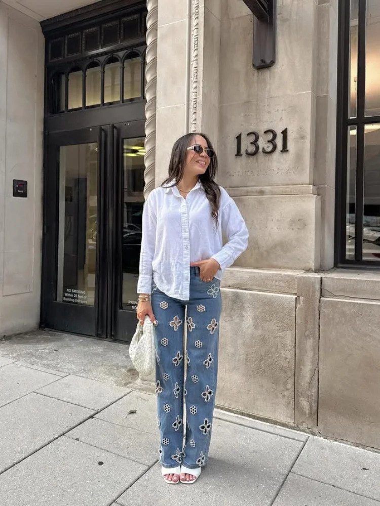 Casual Hollow Out Jeans Women High Street Solid Loose Straight Long Trousers Female Fashion Summer Autumn Lady Bottoms Z260313